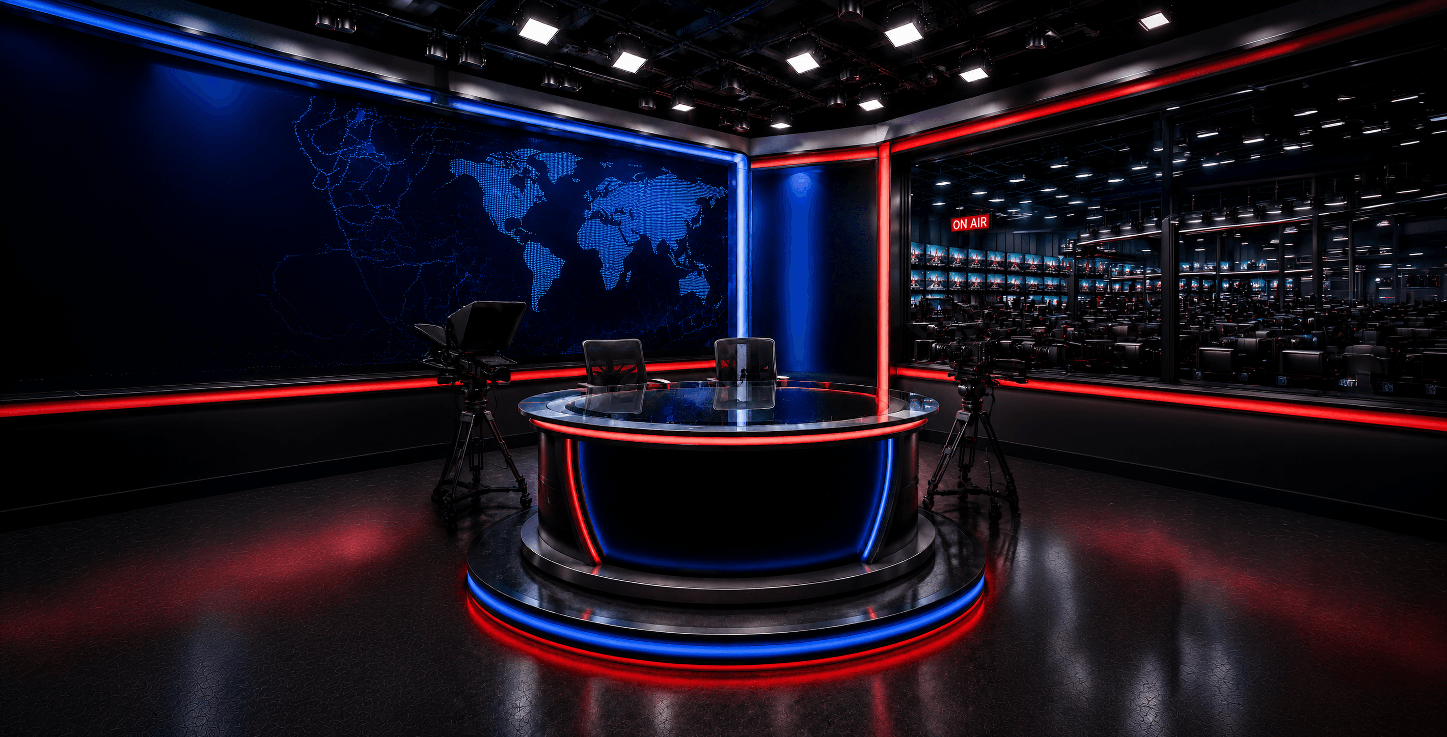 Amber News broadcast studio — red-lit anchor desk with live newsroom in the background